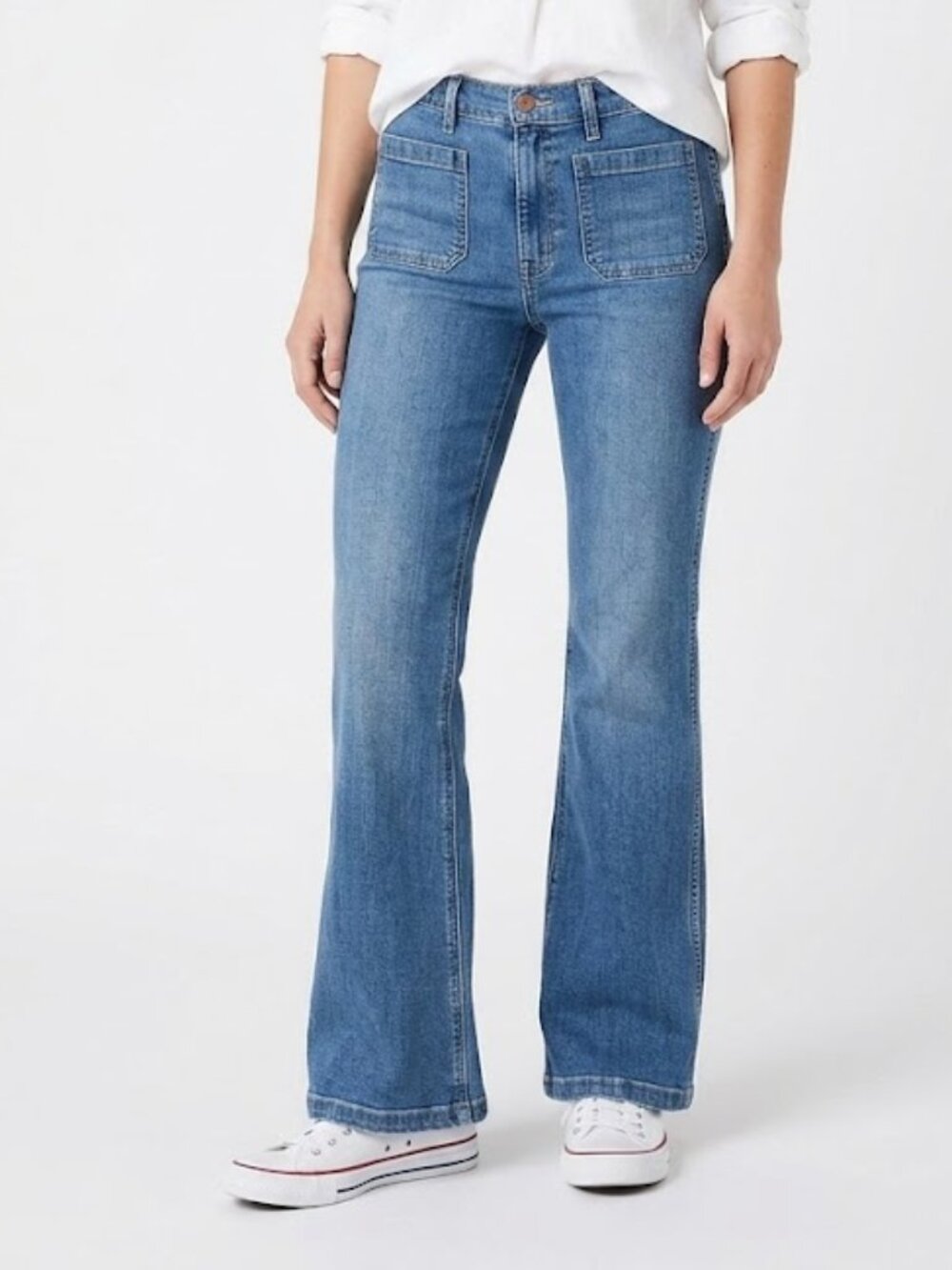 GAP High Rise '70s Flare Jeans Front Patch Pockets Medium Wash Size 31/12R